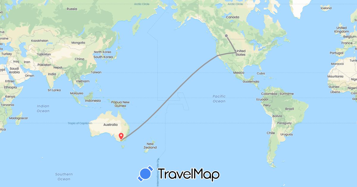 TravelMap itinerary: driving, plane, train, hiking, hitchhiking in Australia, Canada, United States (North America, Oceania)
